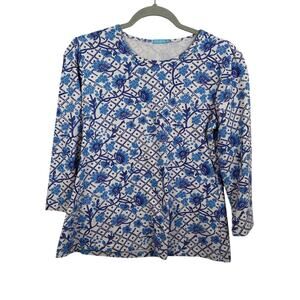 J. McLaughlin Catalina Cloth Signature 3/4 Sleeve Tee Floral Blue Print Size M